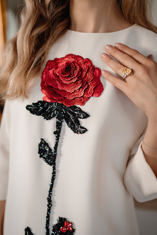 White Wool A-Line Midi Dress with Handcrafted Rose