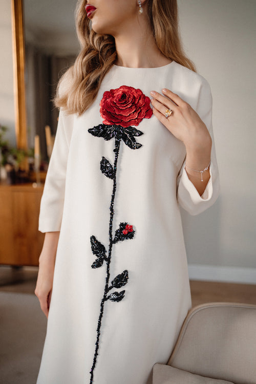 White Wool A-Line Midi Dress with Handcrafted Rose