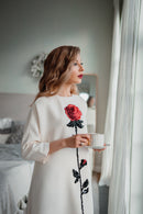 White Wool A-Line Midi Dress with Handcrafted Rose