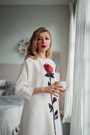 White Wool A-Line Midi Dress with Handcrafted Rose