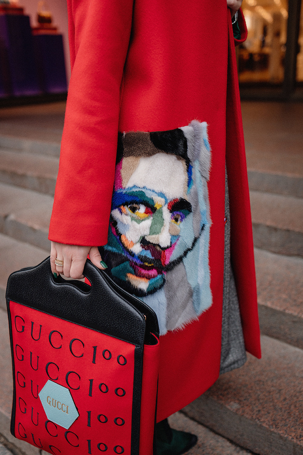 Red Wool Coat with Handcrafted Mink Fur Artwork