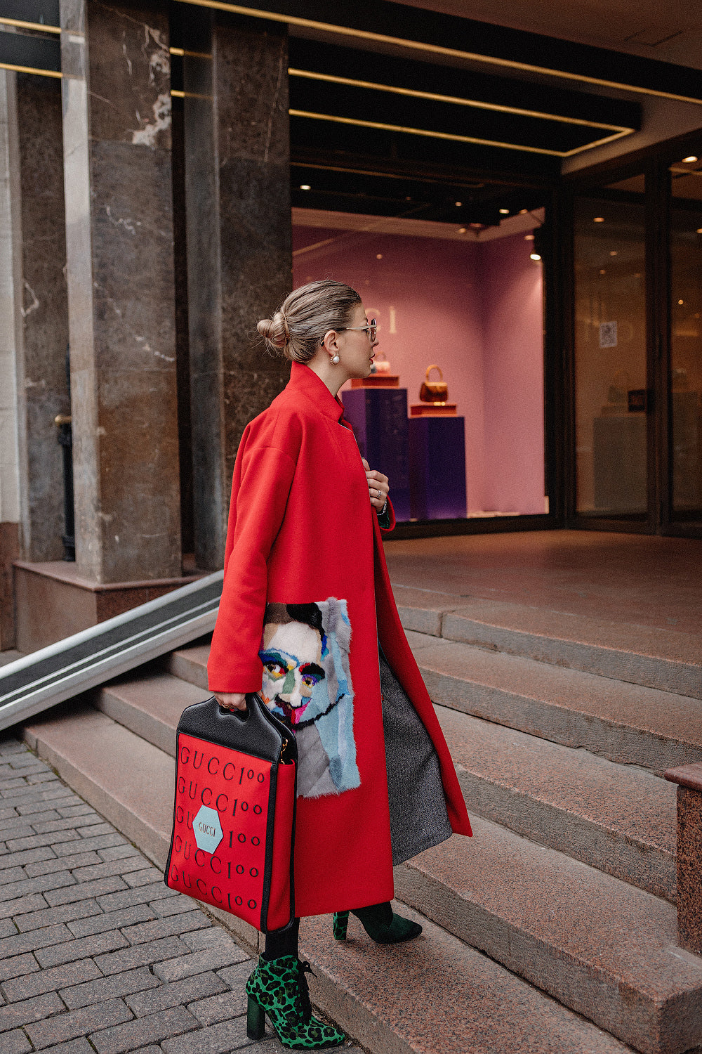 Red Wool Coat with Handcrafted Mink Fur Artwork