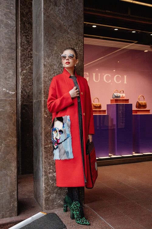 Red Wool Coat with Handcrafted Mink Fur Artwork