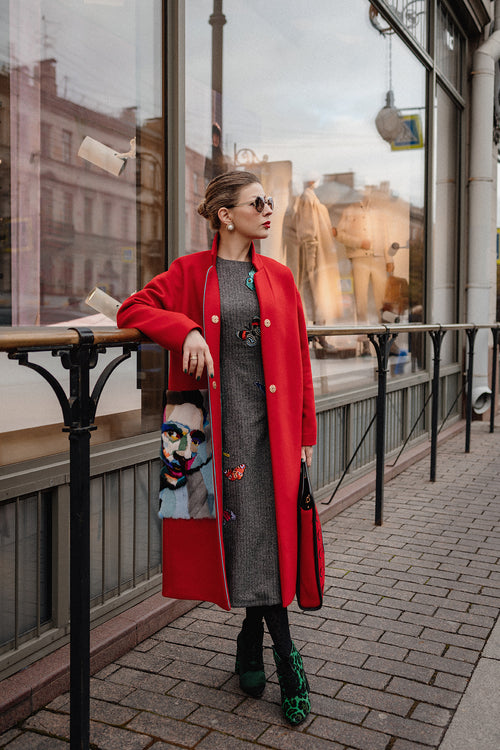 Red Wool Coat with Handcrafted Mink Fur Artwork