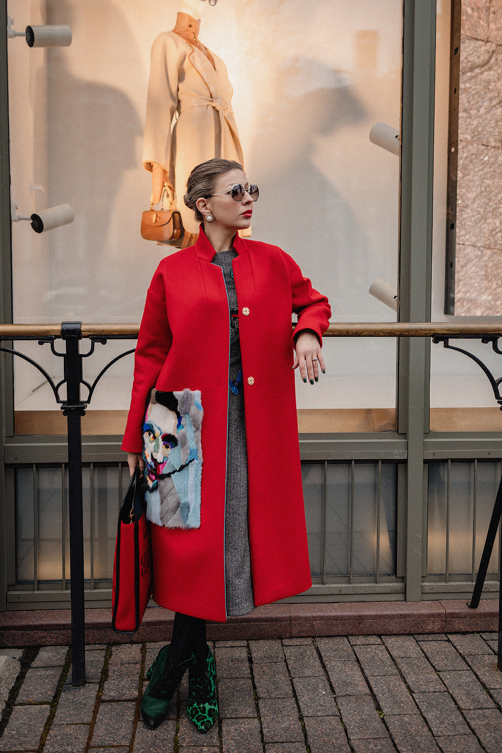 Red Wool Coat with Handcrafted Mink Fur Artwork