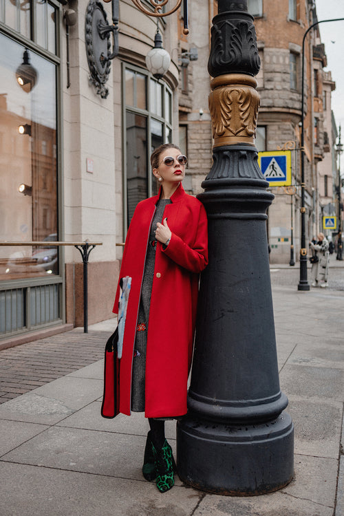 Red Wool Coat with Handcrafted Mink Fur Artwork