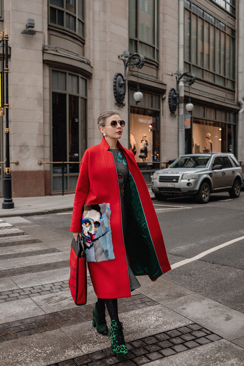 Red Wool Coat with Handcrafted Mink Fur Artwork