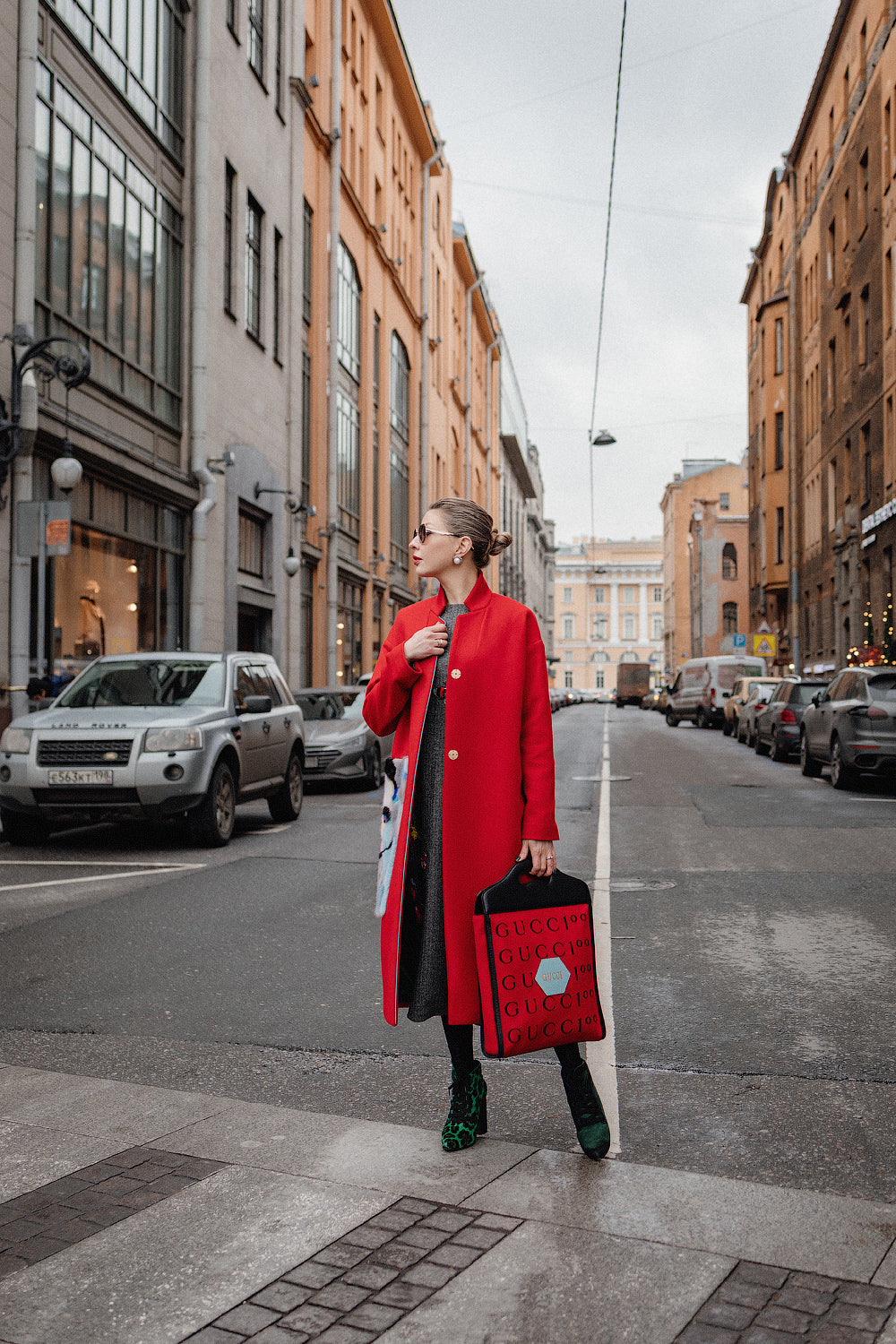 Red Wool Coat with Handcrafted Mink Fur Artwork