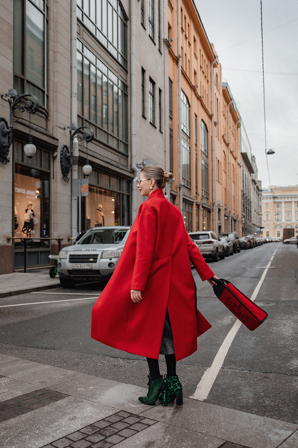 Red Wool Coat with Handcrafted Mink Fur Artwork