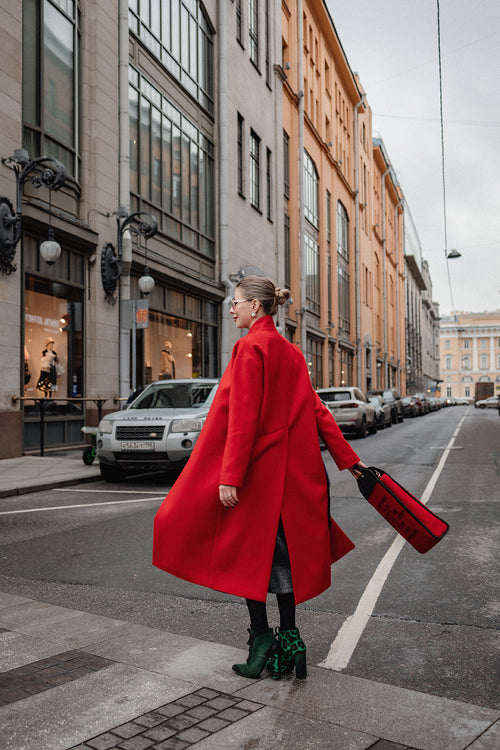 Red Wool Coat with Handcrafted Mink Fur Artwork