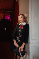 Black Wool Mini Dress with Hand-Embroidered Rose