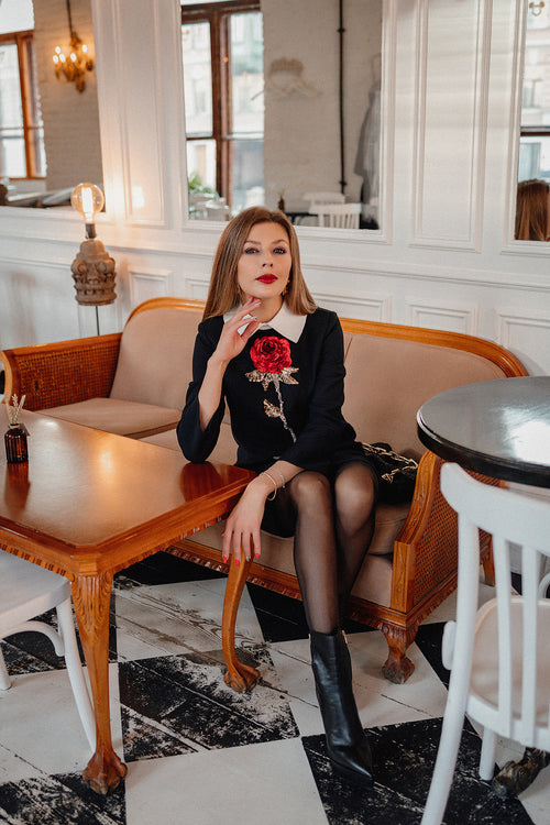 Black Wool Mini Dress with Hand-Embroidered Rose