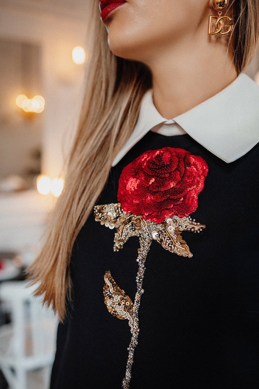 Black Wool Mini Dress with Hand-Embroidered Rose