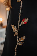 Black Wool Mini Dress with Hand-Embroidered Rose
