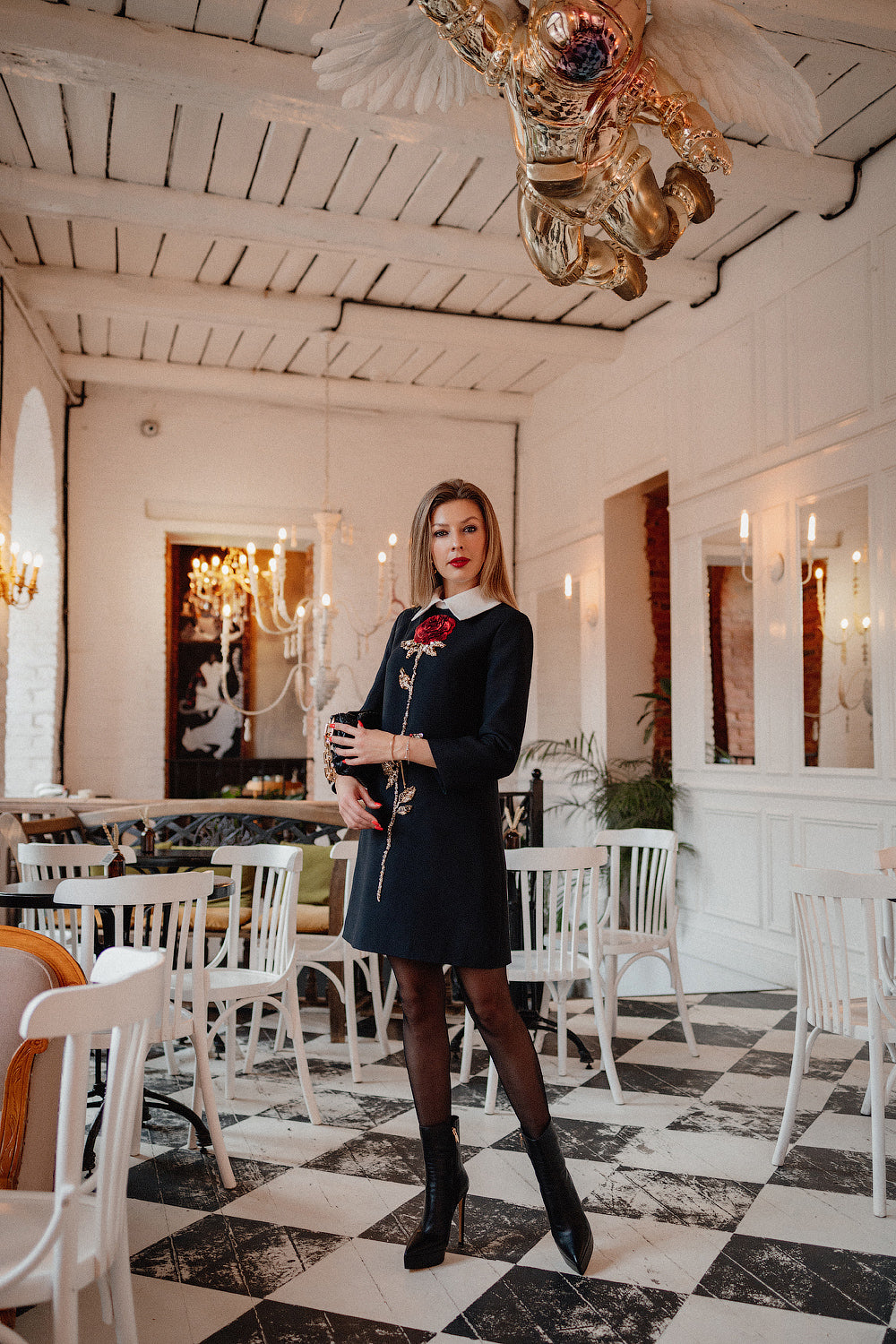 Black Wool Mini Dress with Hand-Embroidered Rose