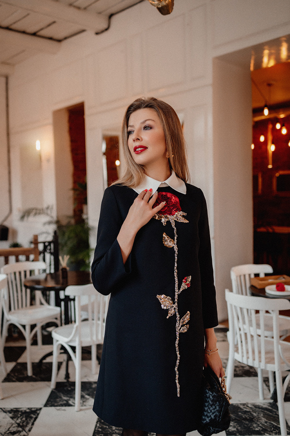 Black Wool Mini Dress with Hand-Embroidered Rose