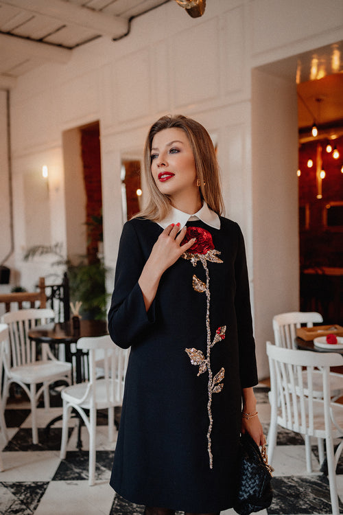 Black Wool Mini Dress with Hand-Embroidered Rose