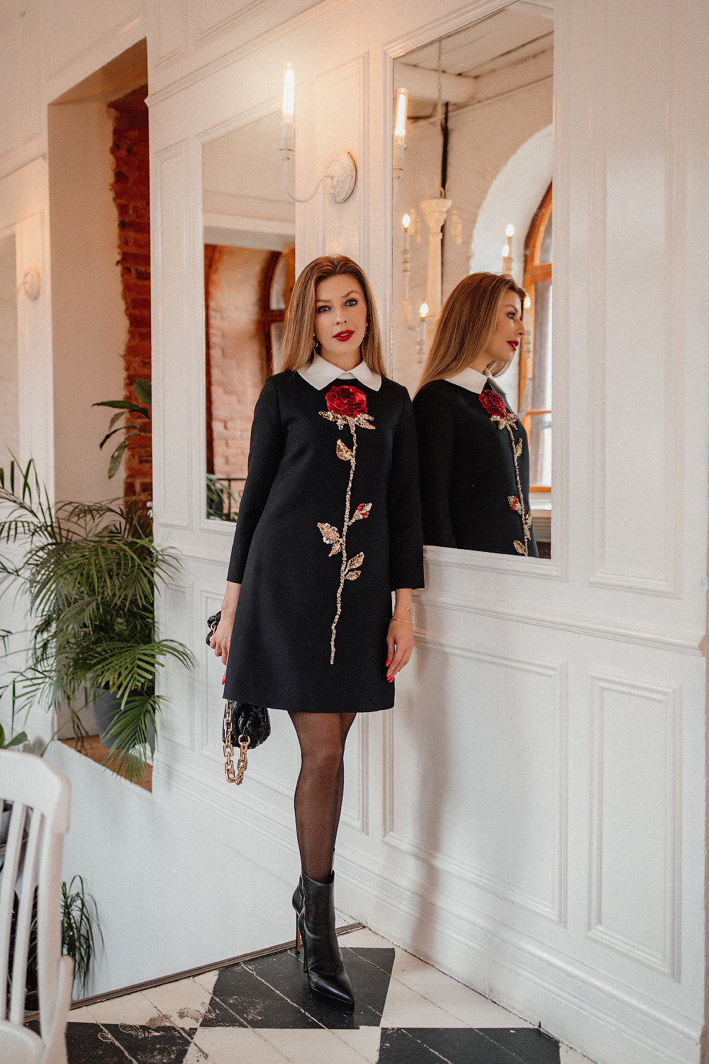 Black Wool Mini Dress with Hand-Embroidered Rose